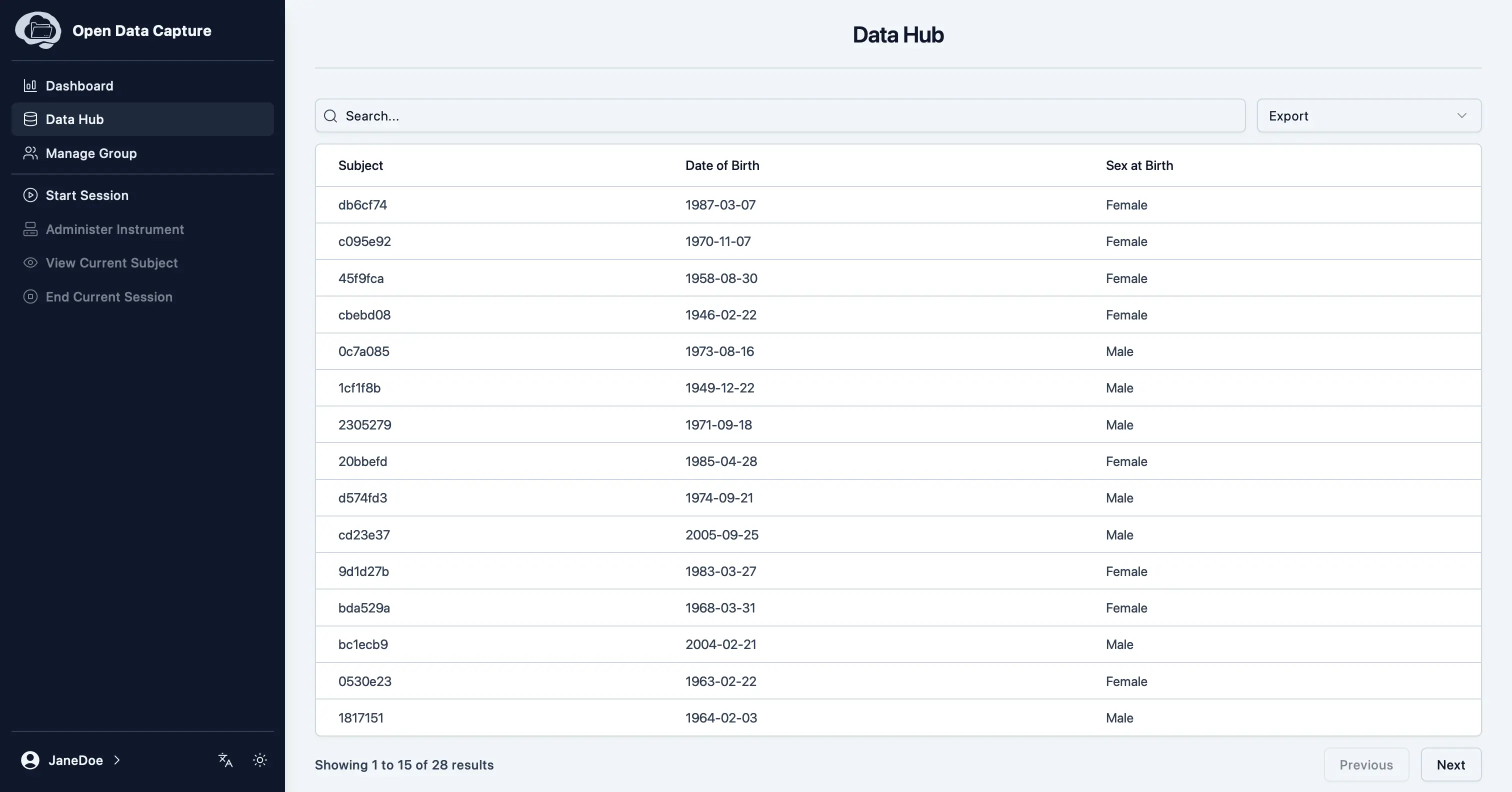 Screenshot of the data hub page