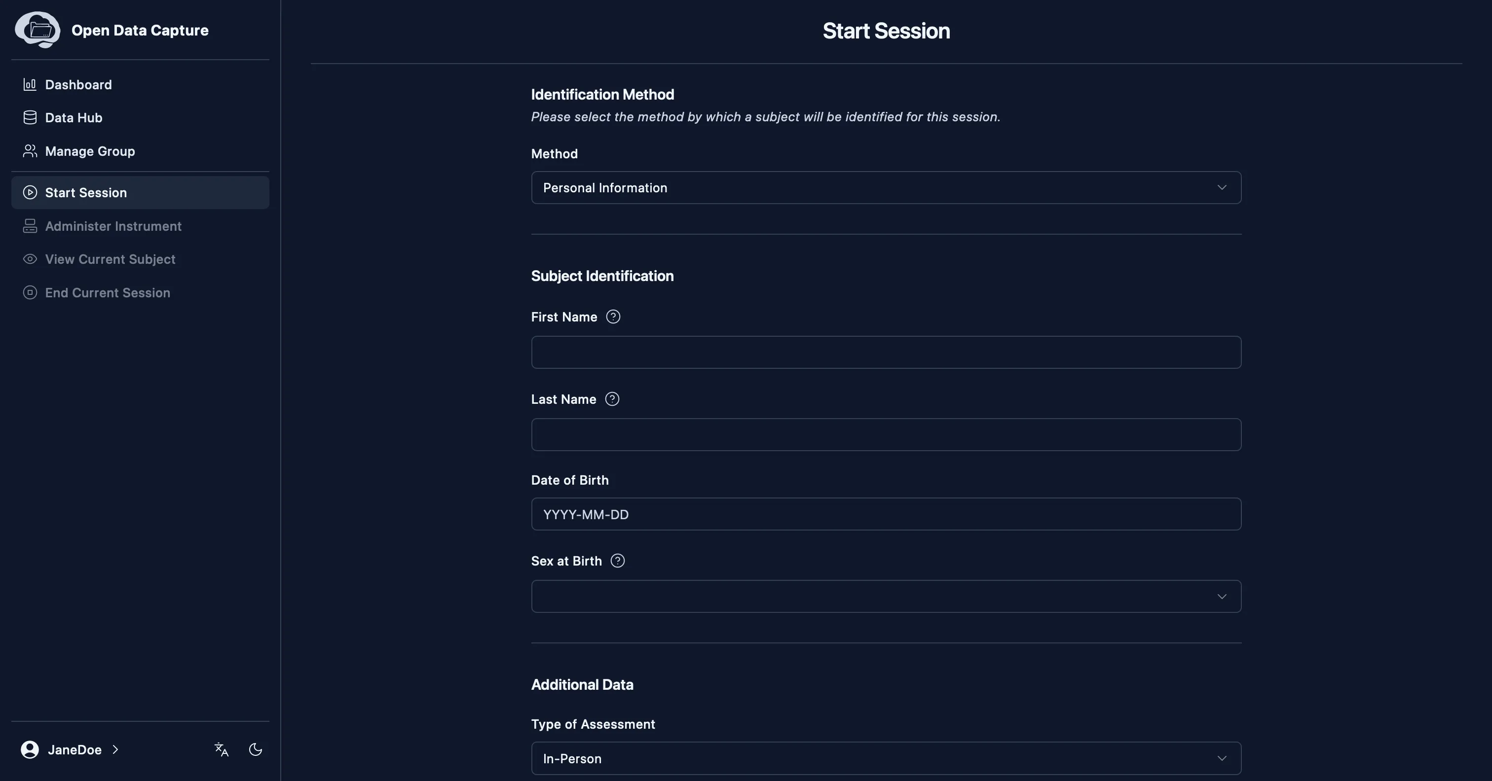 Screenshot of the start session page