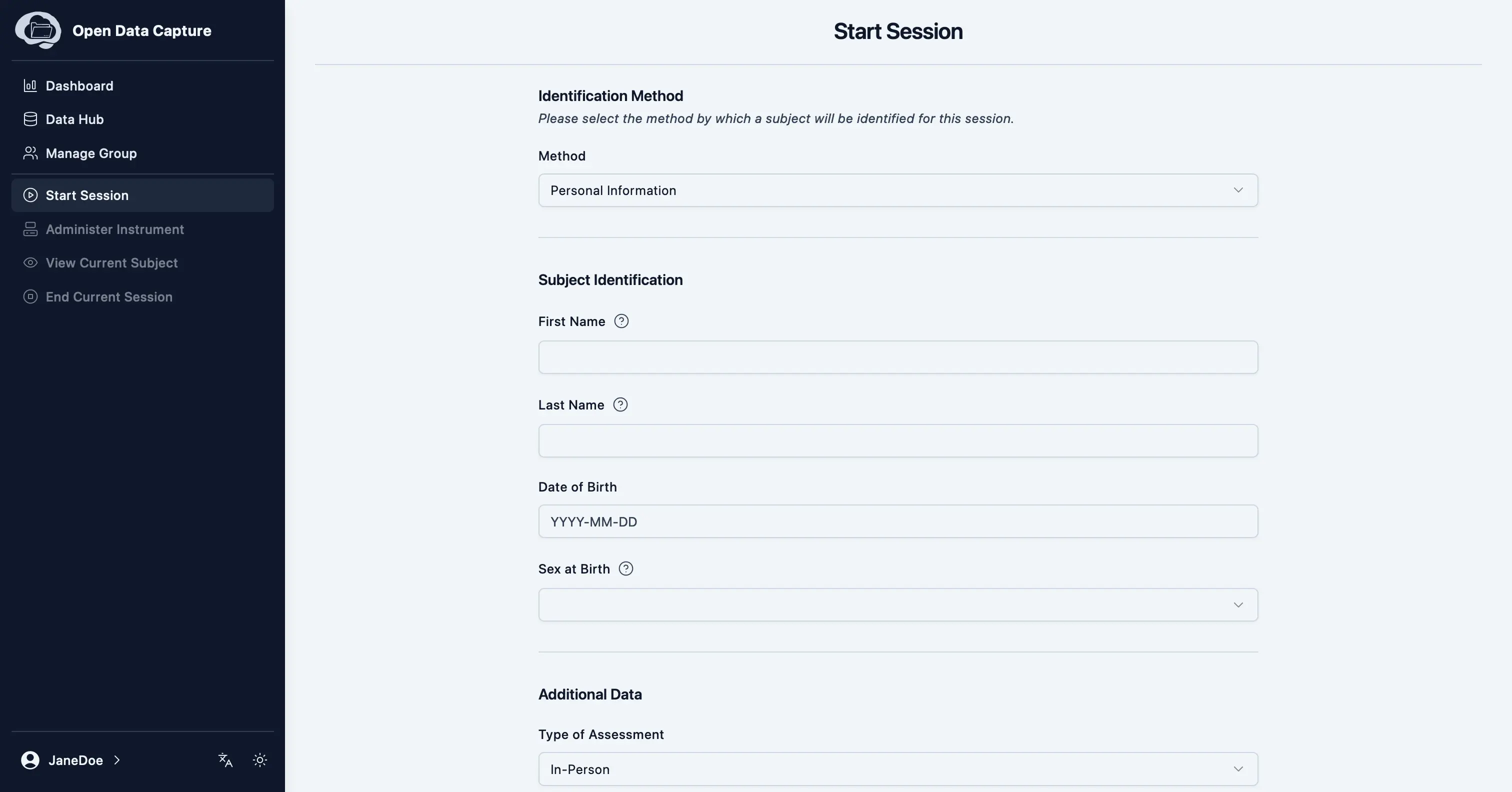 Screenshot of the start session page