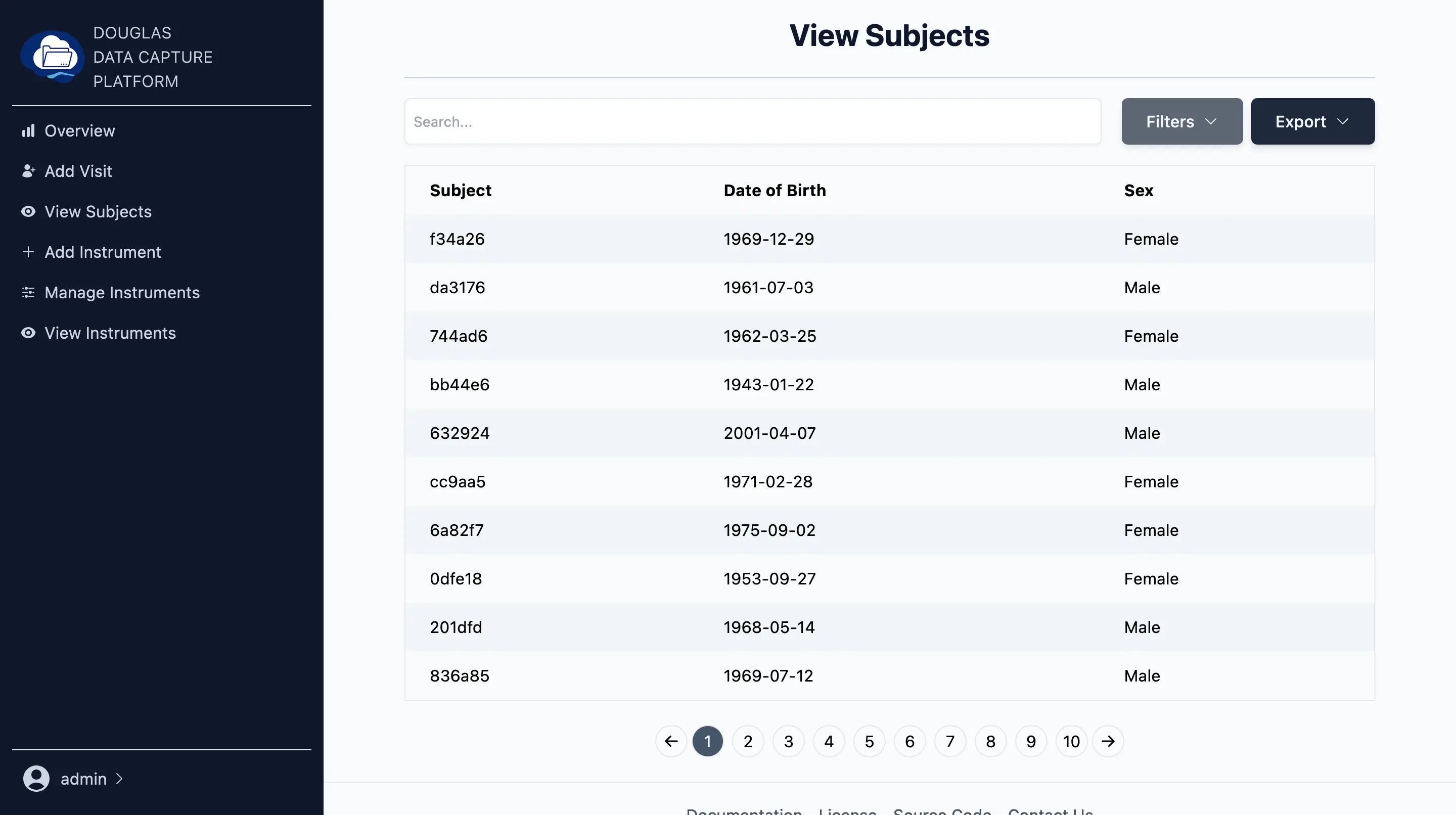 Screenshot of view subjects page